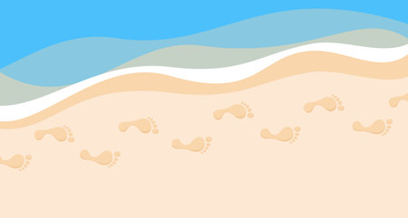 Footprints of bare feet in the sand on the beach along the coastline. Flat vector illustrationのイラスト素材