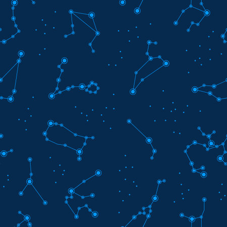 Seamless pattern with zodiac constellations on a dark blue background. Vector illustration in flat...