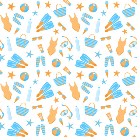 Seamless pattern with summer beach items in blue and orange colors on a white background. Vector illustration in flat styleのイラスト素材