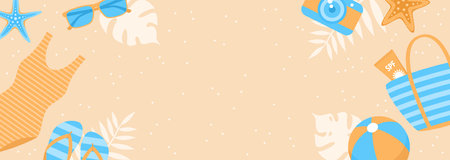 Horizontal summer banner with beach items frame on sand background and copy space. Vector illustration in flat styleのイラスト素材