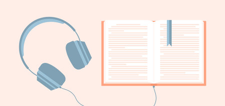 Headphones connected to an open book. Listening to an audiobook. Flat vector illustrationのイラスト素材