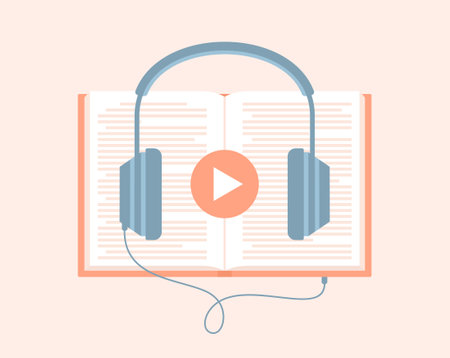 Headphones with play button connected to an open book. Listening to an audiobook. Flat vector illustrationのイラスト素材