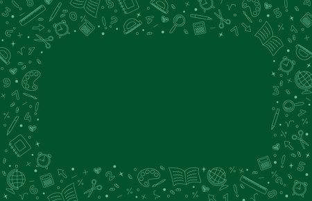 Green background with frame of hand drawn school stationery icons. School background with copy space. Vector illustrationのイラスト素材
