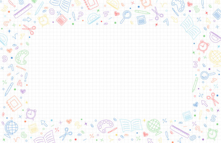 School background with copy space. White graph background with frame of colorful hand drawn school stationery icons. Vector illustrationのイラスト素材