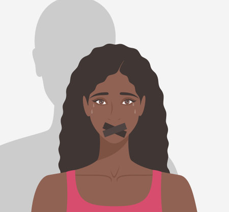 Crying black woman with taped mouth and male shadow behind. Flat vector illustrationのイラスト素材
