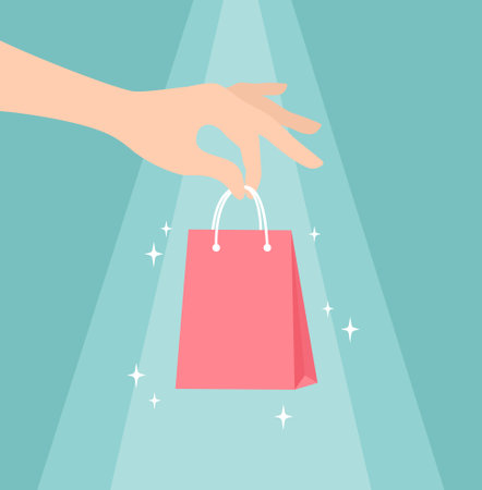 A hand holding a red sparkling package in its fingers. Vector illustration in flat styleのイラスト素材