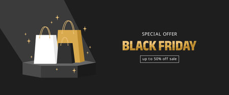 Black friday sale banner. Glowing shopping bags on a pedestal under a beam of light. Flat vector illustration
