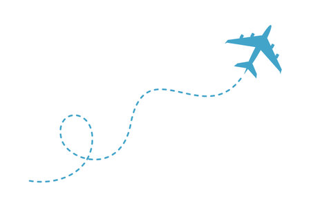 Flying airplane and dashed line flight route isolated on white background. Flat vector illustrationのイラスト素材