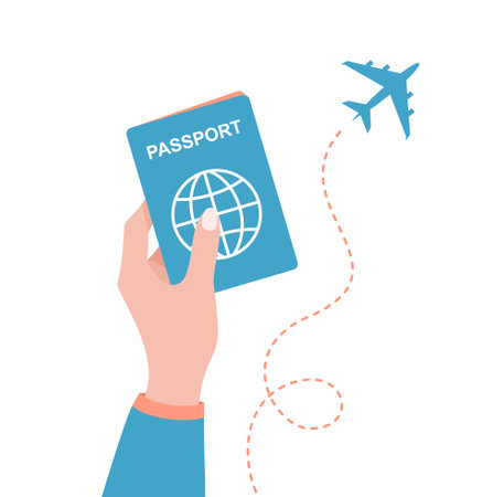 Hand with passport and flying plane isolated on white background. Flat vector illustrationのイラスト素材