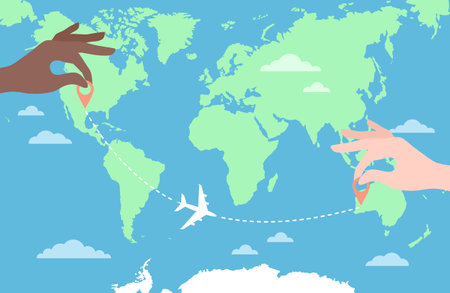 Two hands putting pin icons on a world map and an airplane flying on a route. Travel route planning. Flat vector illustrationのイラスト素材
