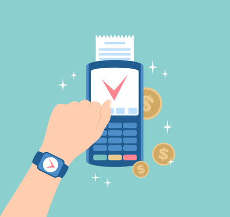 Contactless payment with smartwatch on POS terminal. Vector illustration in flat styleのイラスト素材