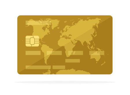 Gold credit card with world map image isolated on white background. Flat vector illustrationのイラスト素材