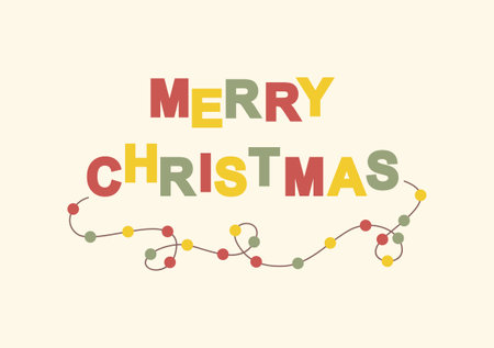 Christmas greeting card. Multicolored text Merry Christmas decorated with light bulb garland on a beige background. Flat vector illustrationのイラスト素材