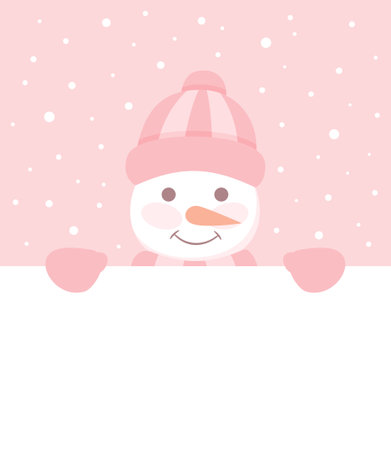 Cute smiling snowman in hat, scarf and mittens looking out from behind the white poster with copy space. Flat vector illustration in pastel pink colorsのイラスト素材