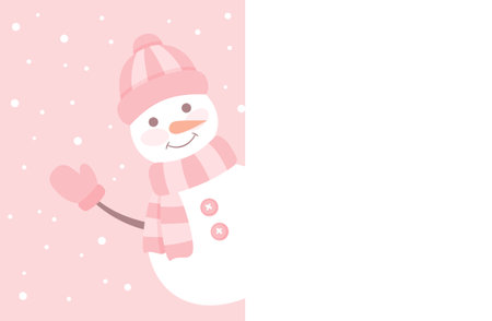 Cute smiling snowman in hat, scarf and mittens looking out from behind the white poster with copy space. Flat vector illustration in pastel pink colorsのイラスト素材