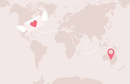 Winged envelope with heart, map pin icon and dashed route on world map background. Sending a love letter. Flat vector illustrationのイラスト素材