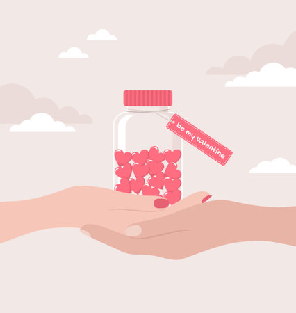 Two pairs of hands holding together a jar filled with hearts with the tag be my valentine. Flat vector illustrationのイラスト素材