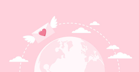 Earth globe and winged envelope with heart flying around. Sending a love letter. Flat vector illustrationのイラスト素材