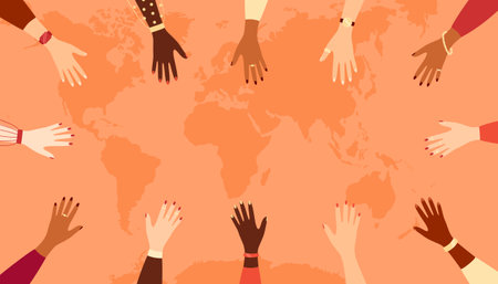 Outstretched hands of women of different nationalities on the background of a world map, copy space. Vector illustration in flat styleのイラスト素材