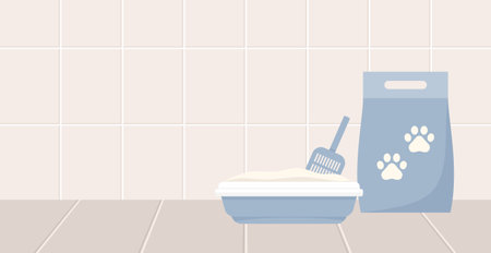 Cat litter package and cat toilet tray with showel in the bathroom, copy space. Flat vector illustrationのイラスト素材