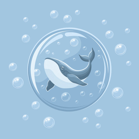 Gray blue whale in a glass sphere with bubbles around, vector flat illustrationのイラスト素材