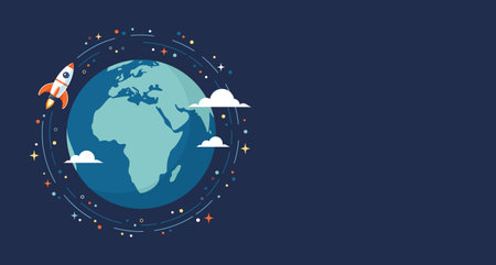 Rocket flying around Earth globe in space, copy space. Flat vector illustration