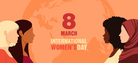 Women of different ethnicities, skin tones and hair colors standing together with the Earth globe in the background. Women's Day greeting card. Vector illustration in flat styleのイラスト素材