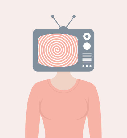 A woman with a TV instead of a head, a hypnotic spiral on the screen. Flat vector illustrationのイラスト素材