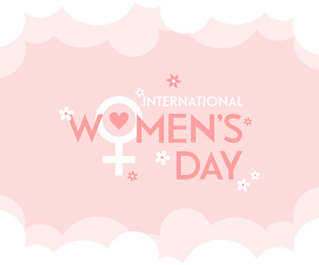 Pastel pink International Women's Day poster with Venus sign, flowers and clouds, flat vector illustrationのイラスト素材