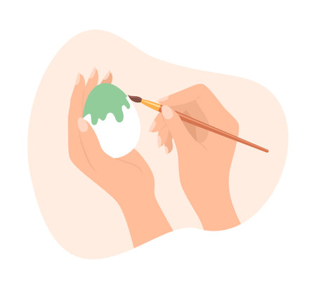 Female hands with a brush painting an Easter egg with green paint, vector flat illustrationのイラスト素材