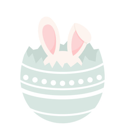 Rabbit ears sticking out of a broken Easter egg, isolated on a white background. Flat vector illustrationのイラスト素材