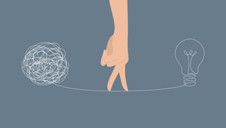 Hand imitating walking with fingers on thread between tangled ball and lamp. The concept of step-by-step problem solving. Flat vector illustrationのイラスト素材