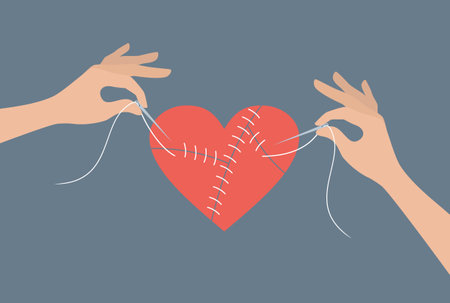 Two hands with needles and threads sewing up a broken heart, flat vector illustration