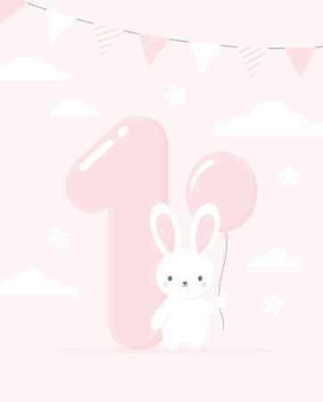 Baby girl first year anniversary birthday card. A cute rabbit with a balloon standing near the big number one on a pink background. Flat vector illustrationのイラスト素材