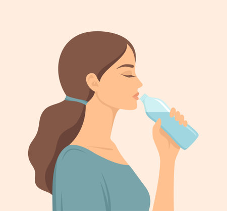 Young woman drinking water from a bottle, side view. Flat vector illustrationのイラスト素材