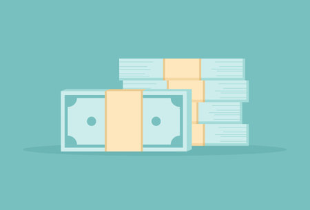 Stacks of paper banknotes on a green background. Flat vector illustrationのイラスト素材