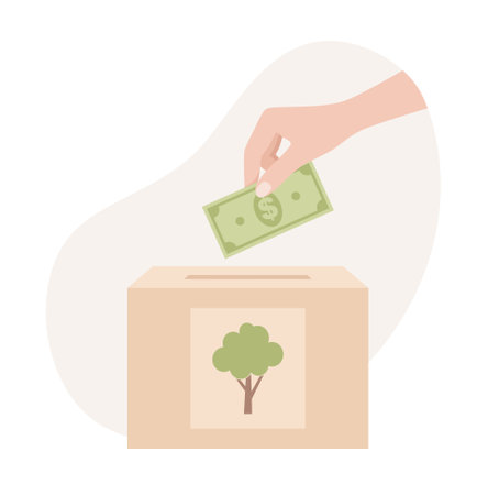 A female hand putting a dollar banknote into a charity box with a tree sticker on it. Donation for environmental protection. Flat vector illustrationのイラスト素材