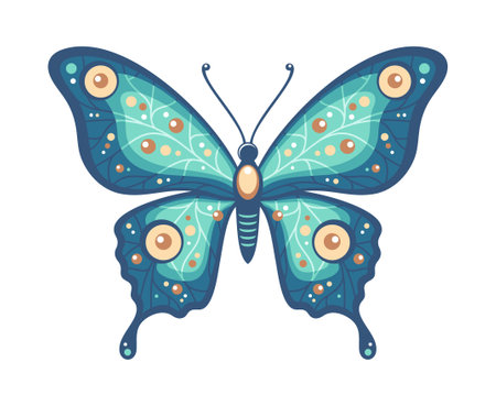 Blue and green butterfly with a pattern of lines and circles on the wings, isolated on a white background. Vector illustration in flat styleのイラスト素材