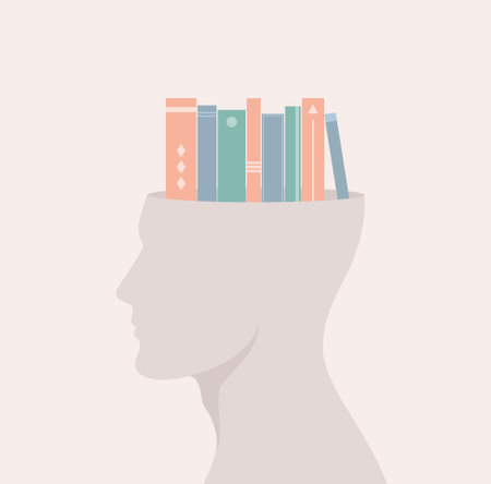 Side silhouette of a man with books inside his head. Flat vector illustrationのイラスト素材