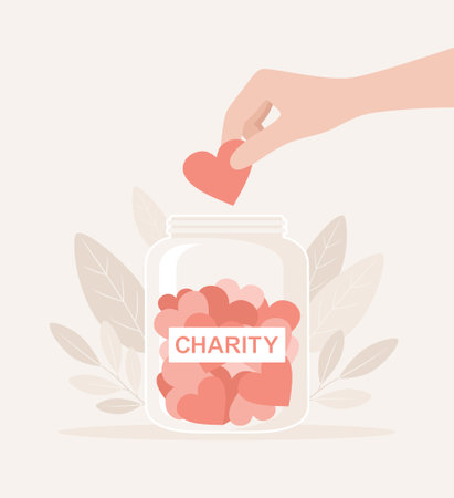 A hand throwing a heart into a charity jar. Flat vector illustrationのイラスト素材