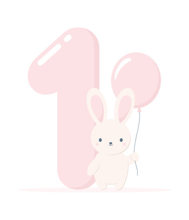 A cute rabbit with a pink balloon standing near the big pink number one isolated on a white background. Flat vector illustrationのイラスト素材