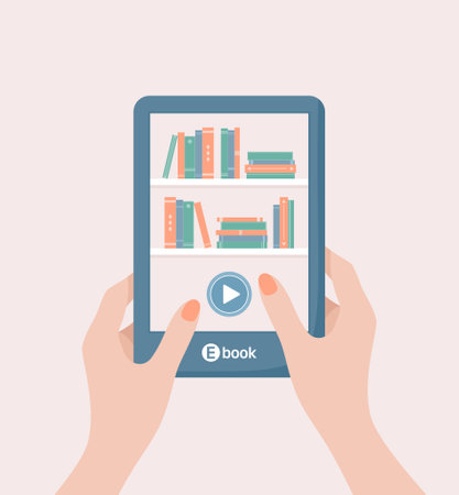 Female hands holding e-book reader with bookshelves and start button on the screen. Flat vector illustration
のイラスト素材
