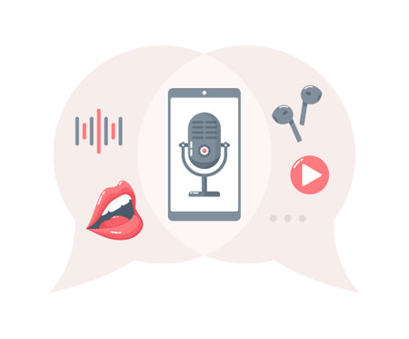 Microphone on smaptphone screen with open mouth, wireless earphones and sound icons inside speech bubbles, isolated on white background. Poscast concept. Flat vector illustrationのイラスト素材
