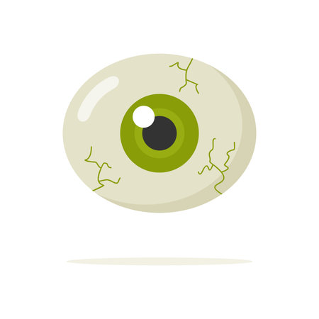 Spooky Halloween eyeball with green iris isolated on white background. Flat vector illustrationのイラスト素材