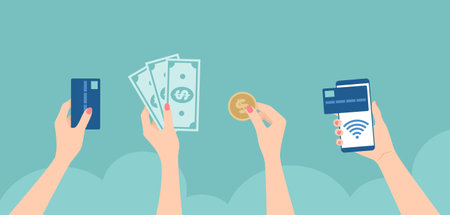 Female hands holding card, banknotes, coin and smartphone with contactless payment. Payment methods set. Flat vector illustrationのイラスト素材