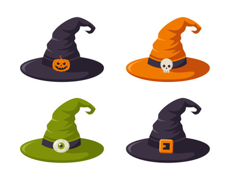 Set of Halloween witch hats isolated on white background. Flat vector illustrationのイラスト素材