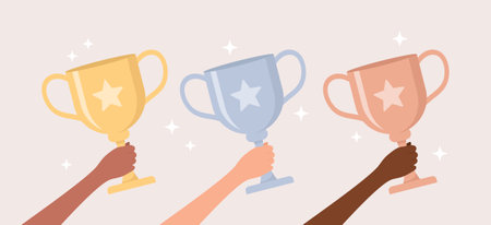 Hands of people of different skin tones holding shiny golden, silver and bronze trophy cups on a beige background, flat vector illustrationのイラスト素材