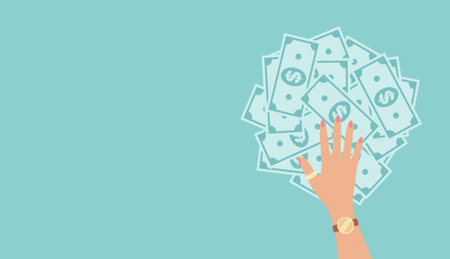 Female hand lying on a pile of dollar bills on a green background, top view. Flat vector illustration with copy spaceのイラスト素材
