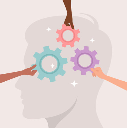 Hands of people of different nationalities and skin tones putting colorful gears in the head of a large male silhouette, flat vector illustrationのイラスト素材