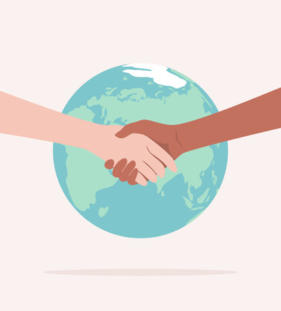Handshake of two hands of people of different nationalities and skin tones on the background of the Earth globe. Flat vector illustrationのイラスト素材